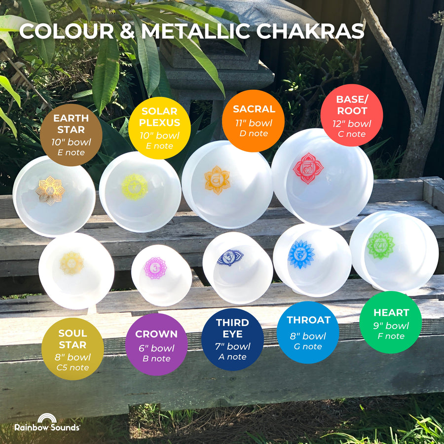 Full Chakra︱Set of 9 White Crystal Singing Bowls in Beige Bags