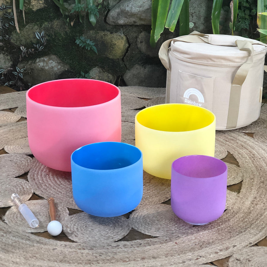 Set of 4 Crystal Sound Healing Bowls with Beige Bag