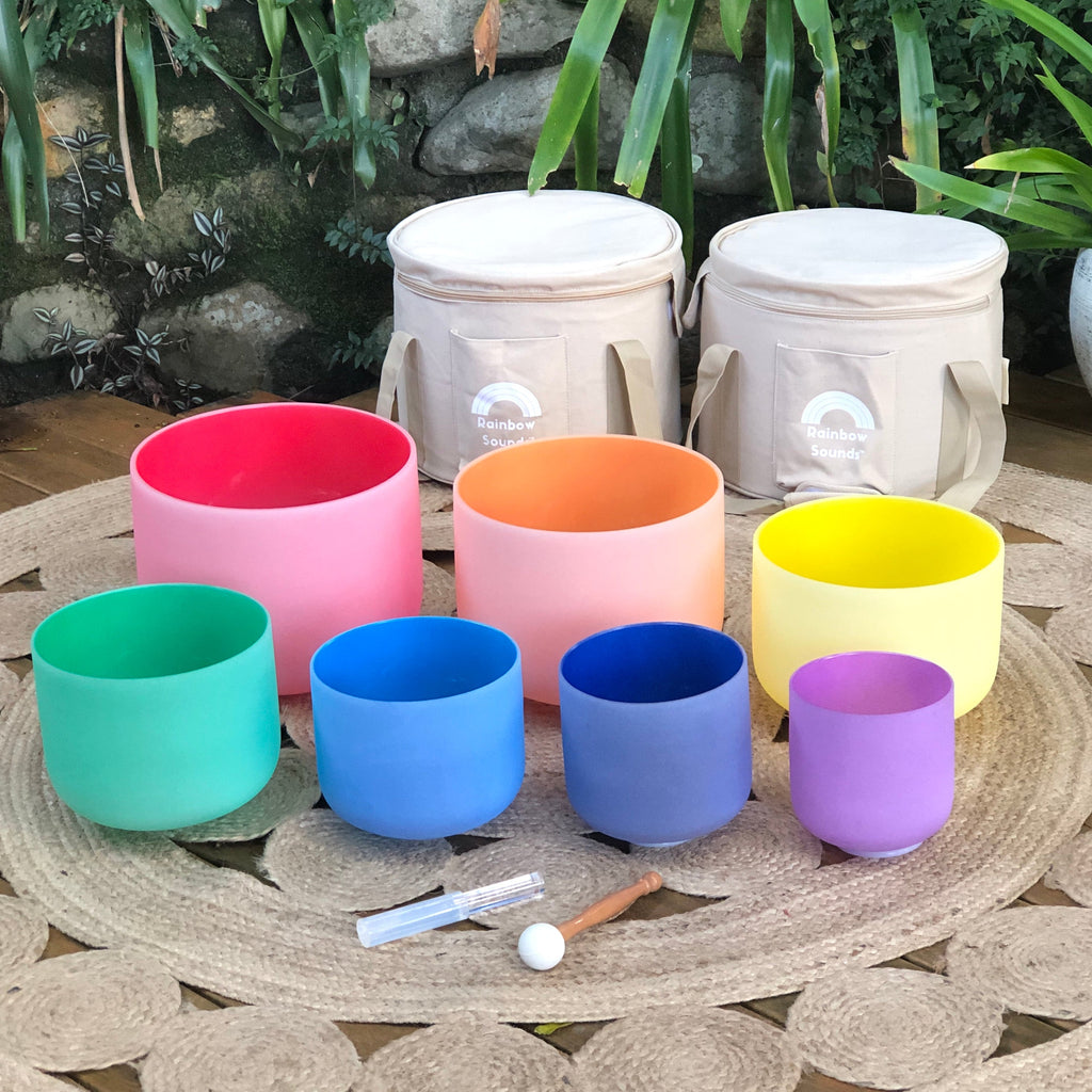 Set of 7 Colour Crystal Singing Bowls in Beige Bags | High Purity ...