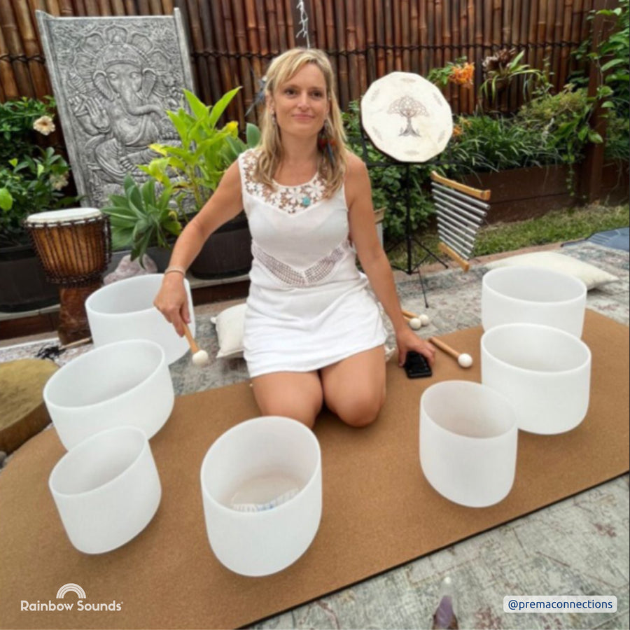 Set of 7 White Crystal Singing Bowls in Beige Bags