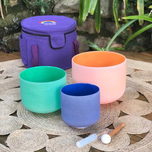 Set of 3 Crystal Sound Healing Bowls with Purple Bag