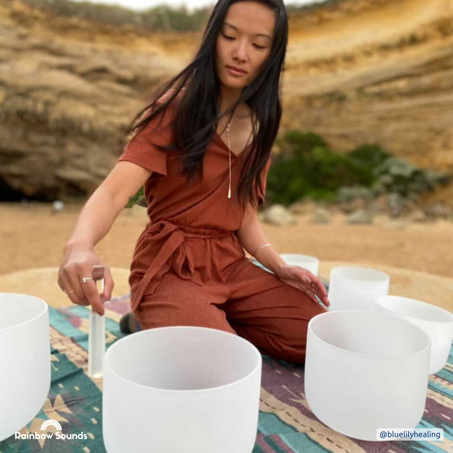 Set of 7 White Crystal Singing Bowls in Beige Bags