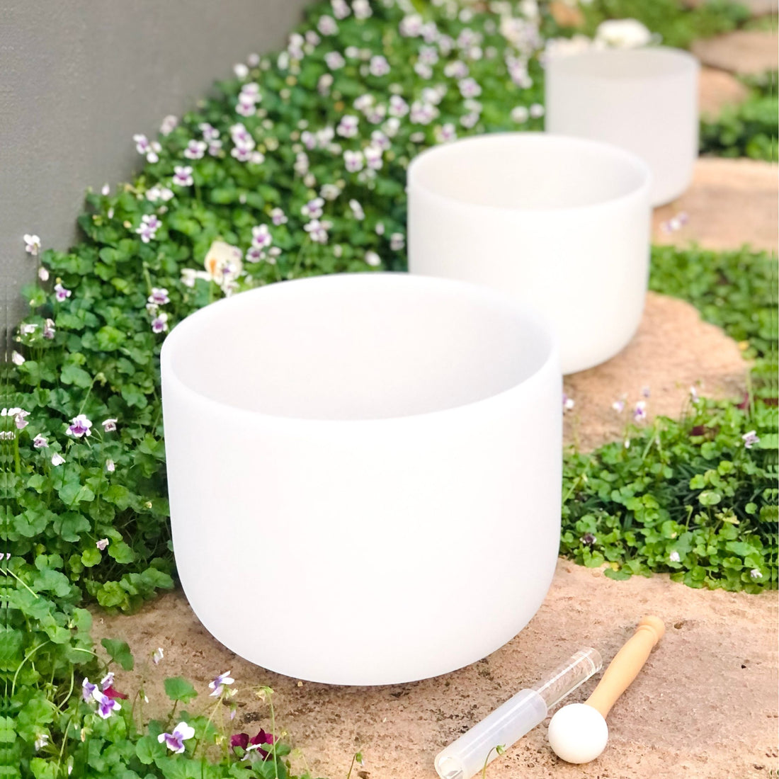 Set of 3 White Crystal Singing Bowls High Purity Australian Quartz