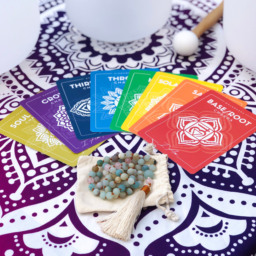 Meditation Accessories Pack: Mala Beads + Chakra Cards