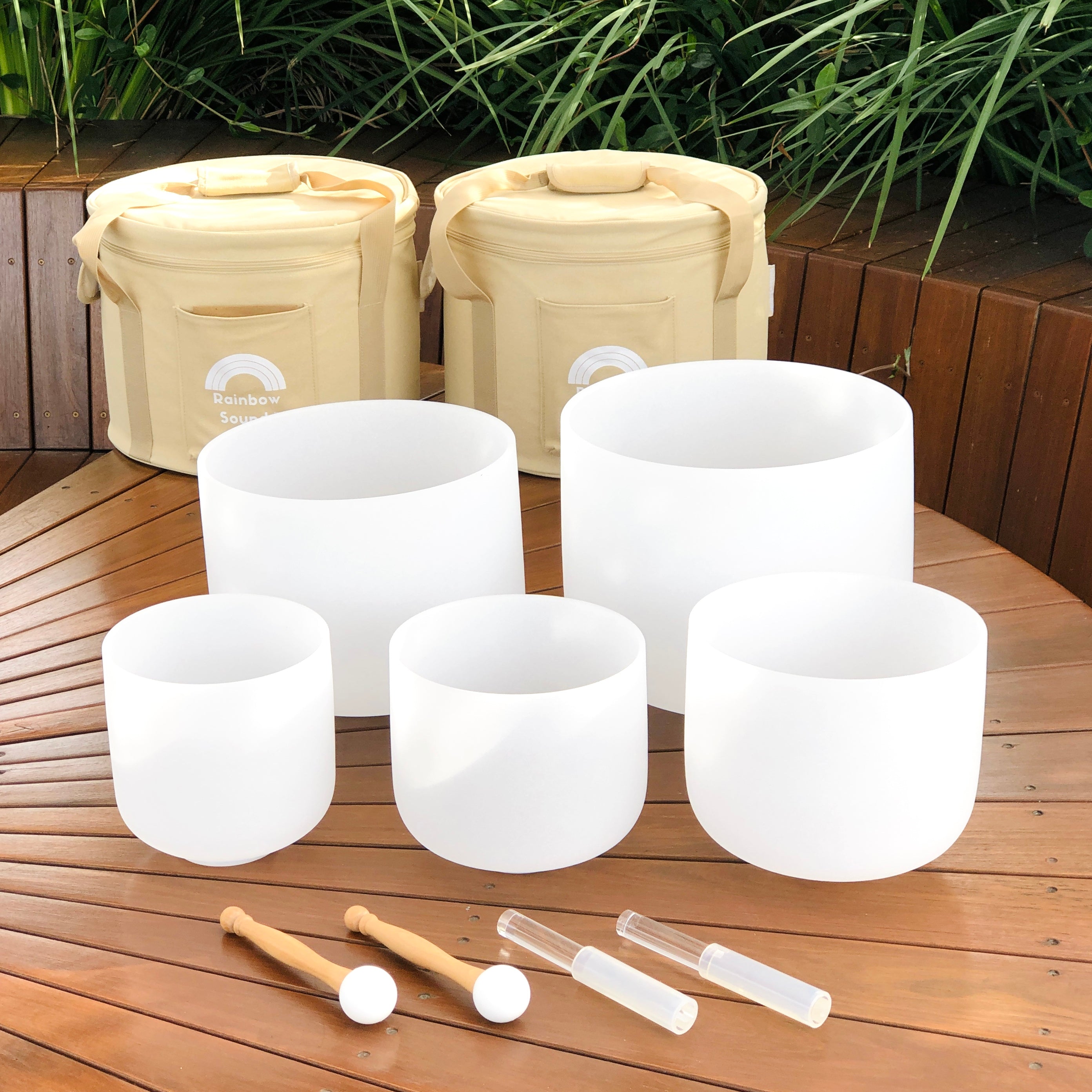 SHARP NOTES | Set of 5 White Crystal Singing Bowls in Beige  Bags