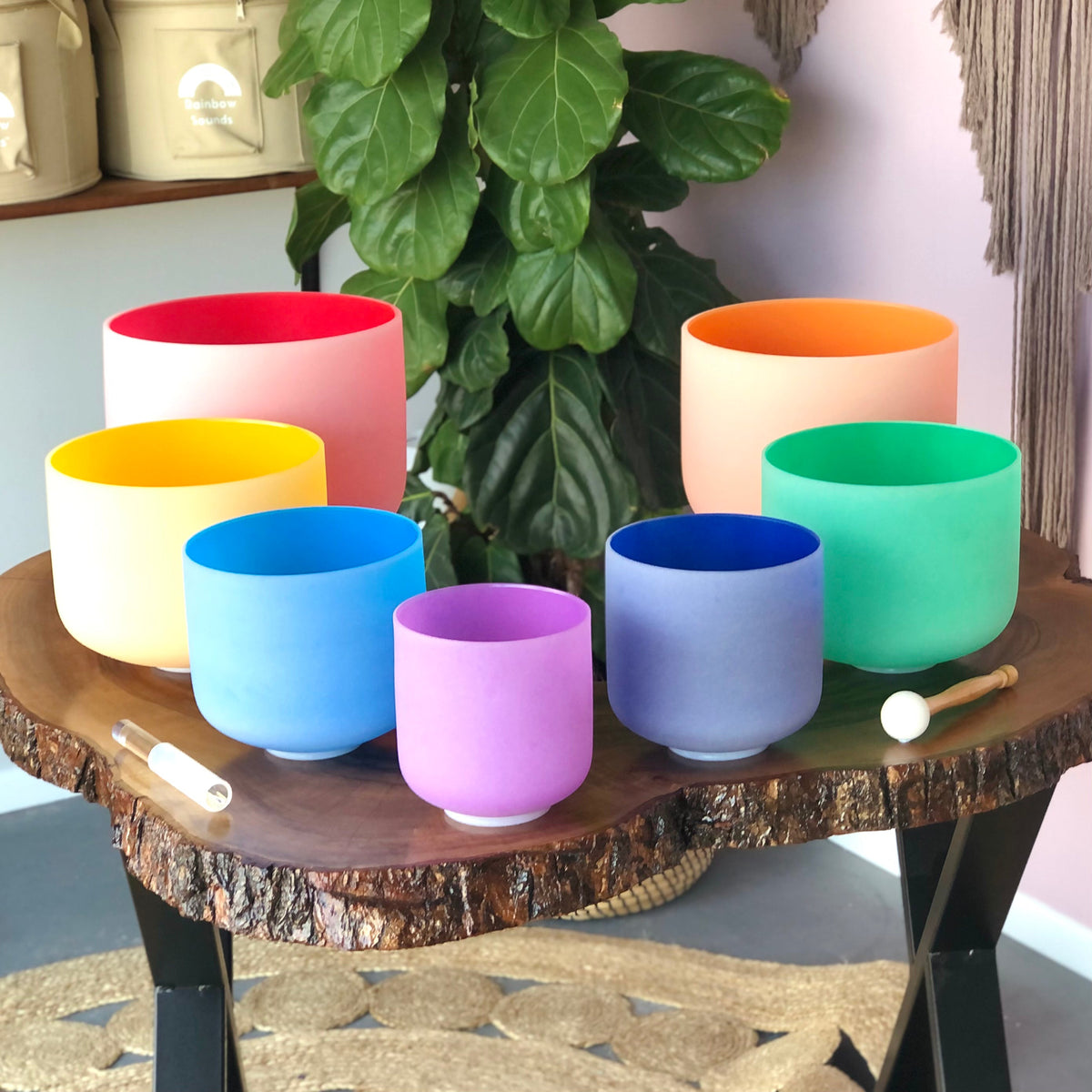 Set of 7 Colour Crystal Singing Bowls in Beige Bags | High Purity ...