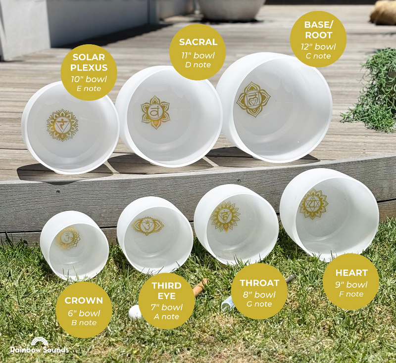 Golden Chakra Set of 7 White Crystal Singing Bowls in Beige Bags