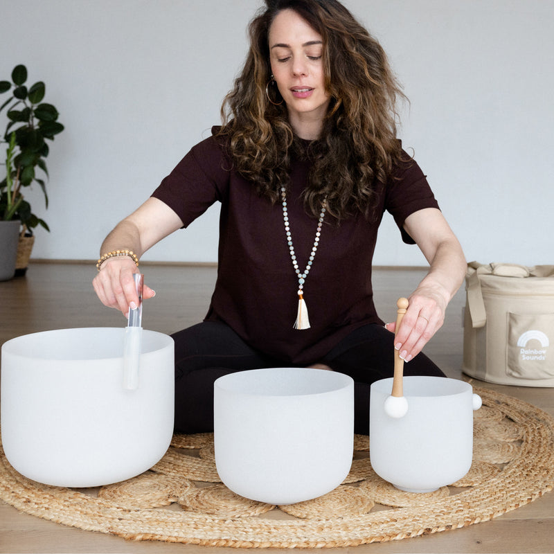 Set of 3 White Crystal Singing Bowls in Beige Bag