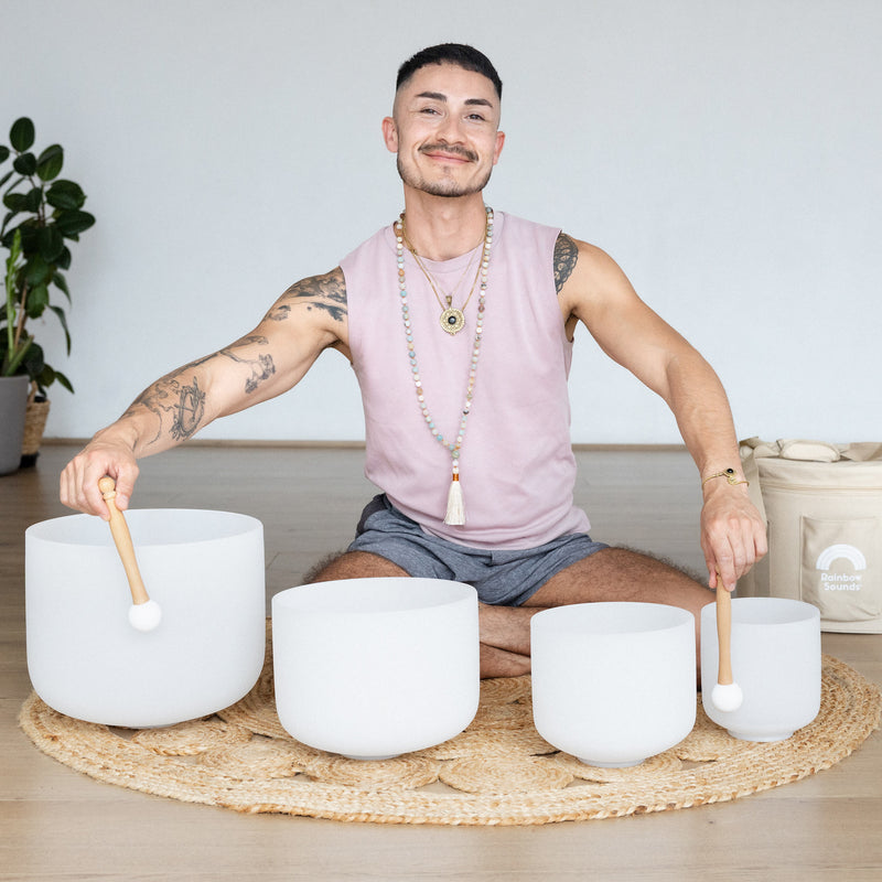 Set of 4 White Crystal Singing Bowls in Beige Bag