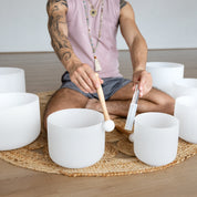 Set of 7 White Crystal Singing Bowls in Beige Bags