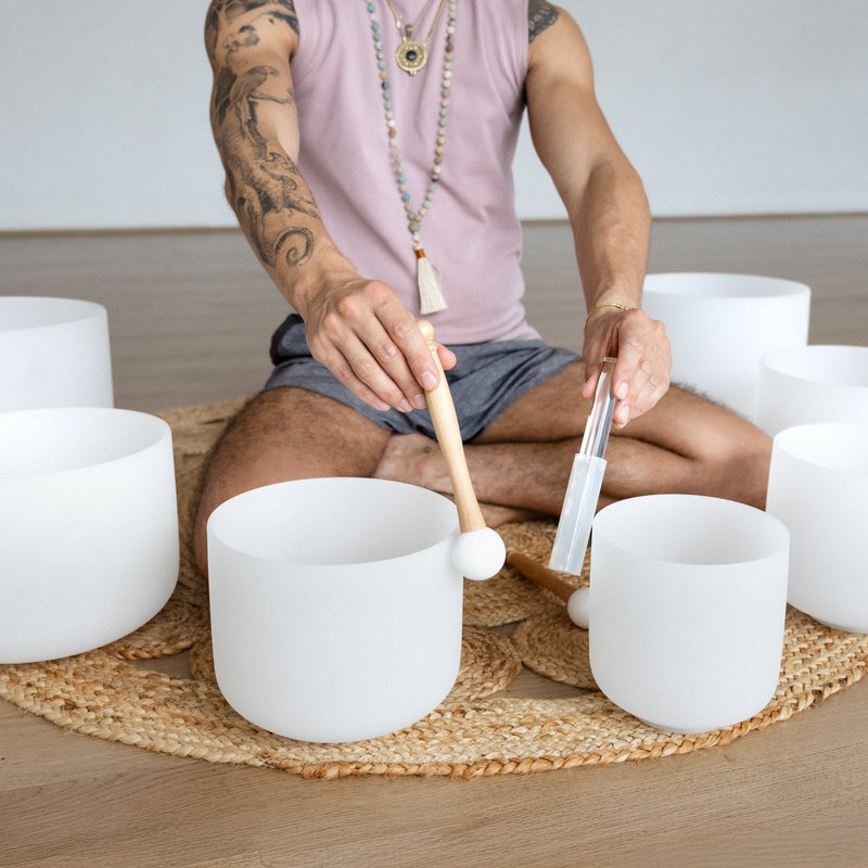 Set of 7 White Crystal Singing Bowls in Beige Bags