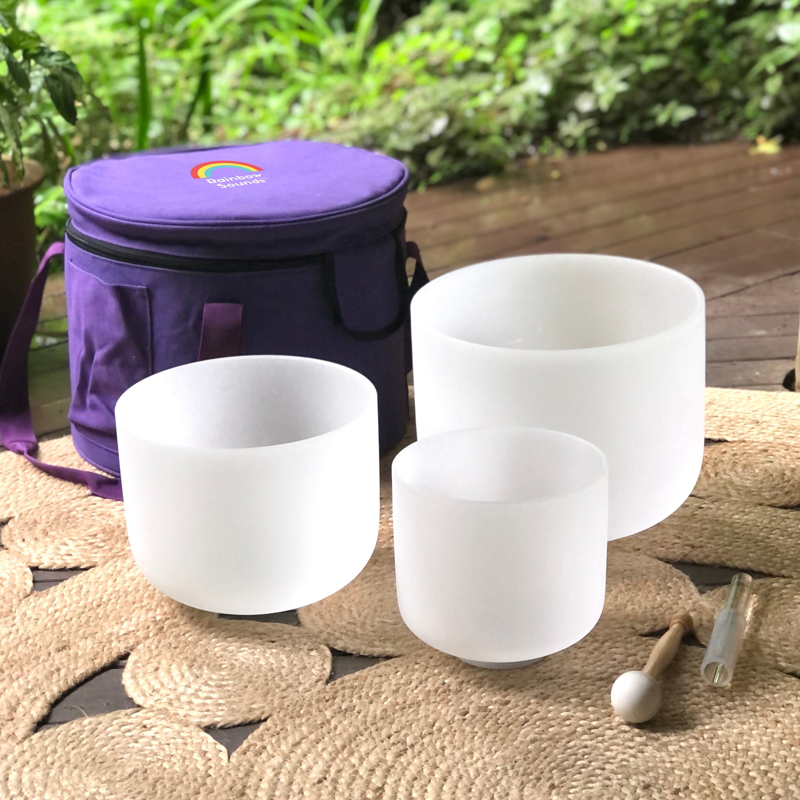 Set of 3 White Crystal Singing Bowls in Purple Bag