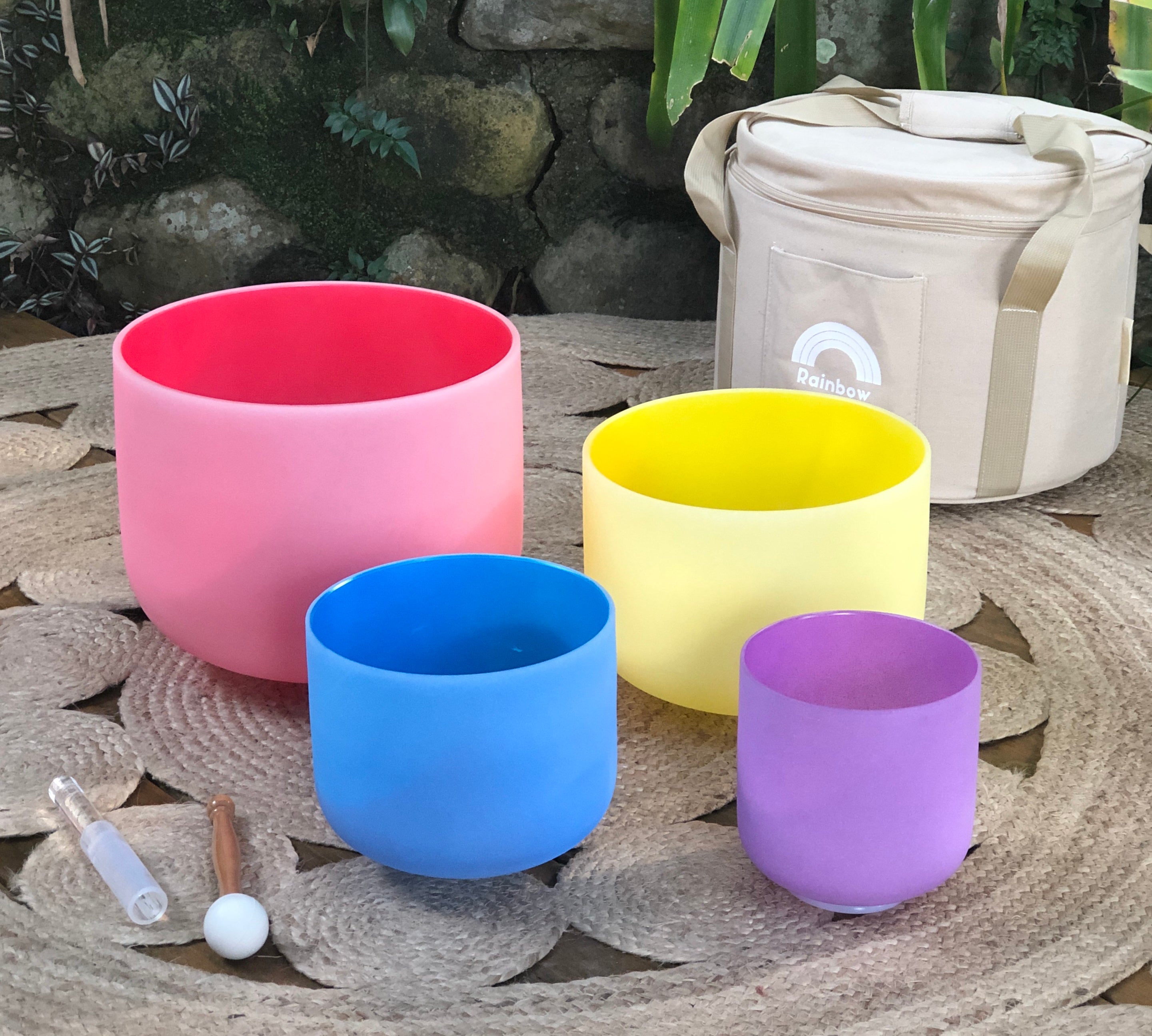 Set of 4 Crystal Sound Healing Bowls with Beige Bag