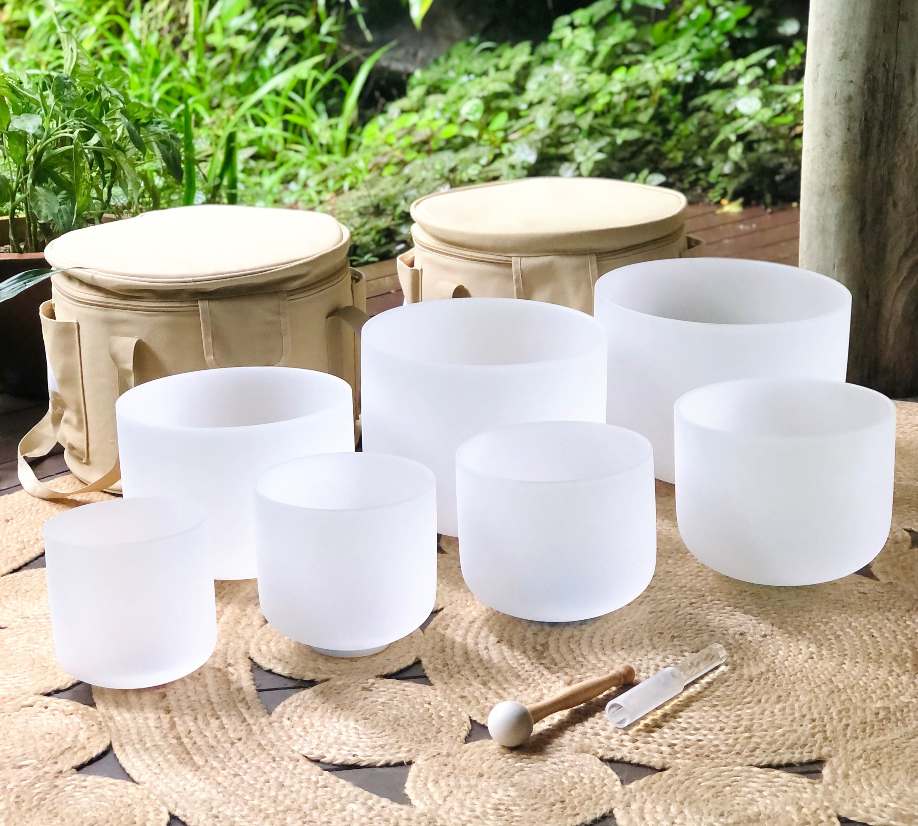 White Crystal Singing Bowls Set of 7 with Beige Bags
