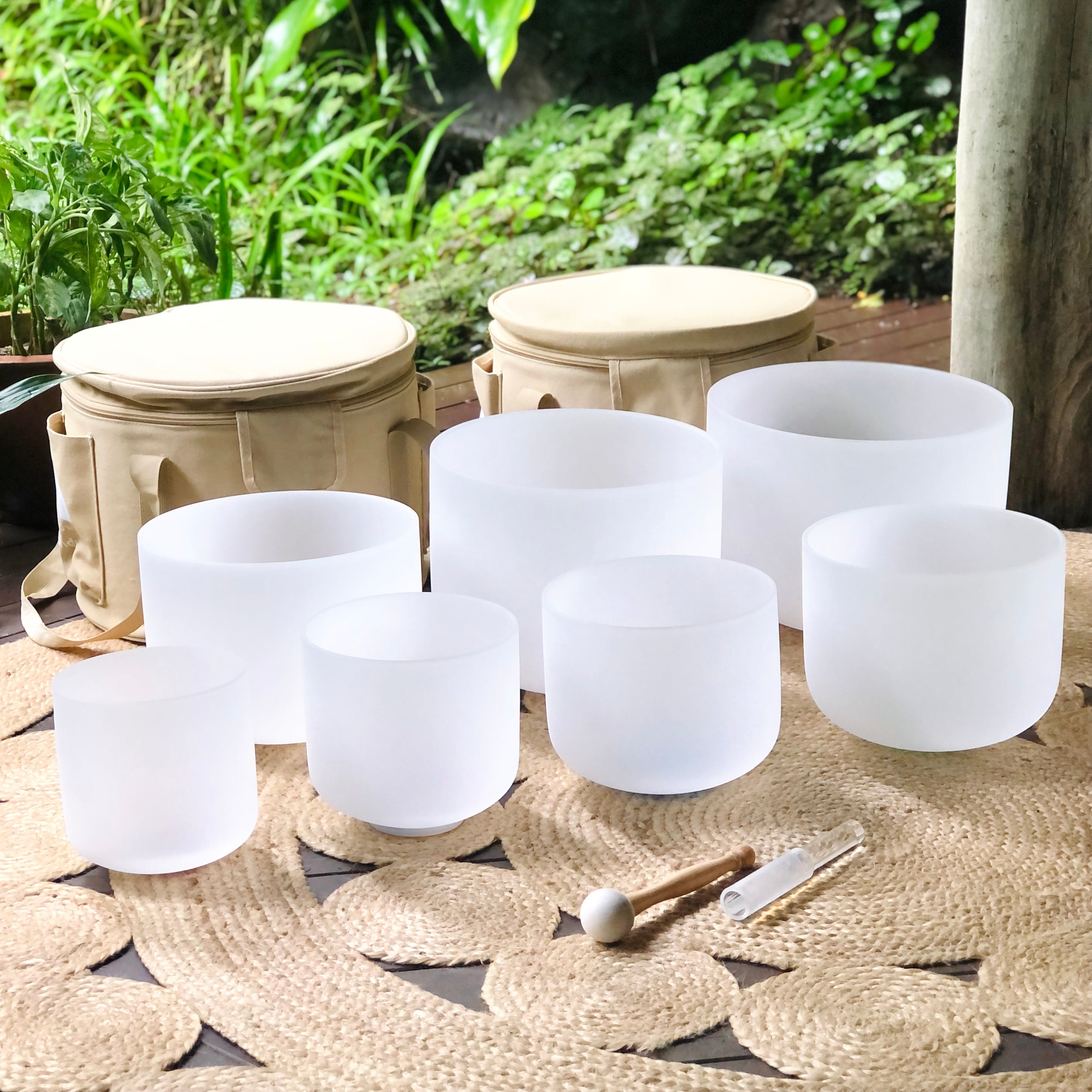 White Crystal Singing Bowls Set of 7 with Beige Bags