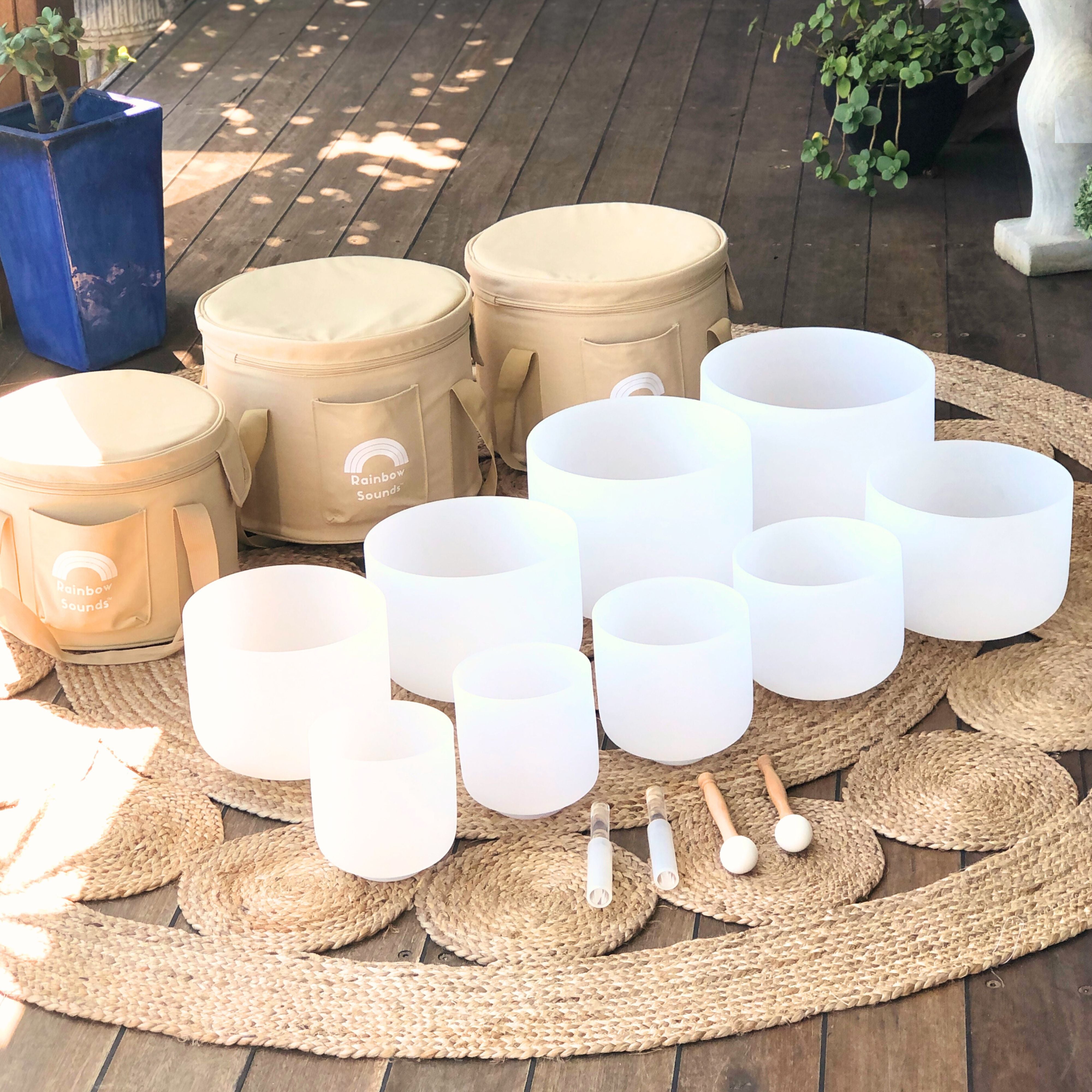 Full Chakra︱Set of 9 White Crystal Singing Bowls in Beige Bags