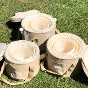 Set of 9 White Crystal Singing Bowls in Beige Bags