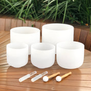 SHARP NOTES | Set of 5 White Crystal Singing Bowls in Beige  Bags