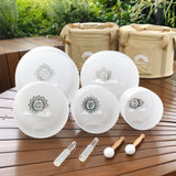 SHARP NOTES | Set of 5 White Crystal Singing Bowls in Beige  Bags