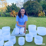 Set of 9 White Crystal Singing Bowls in Beige Bags