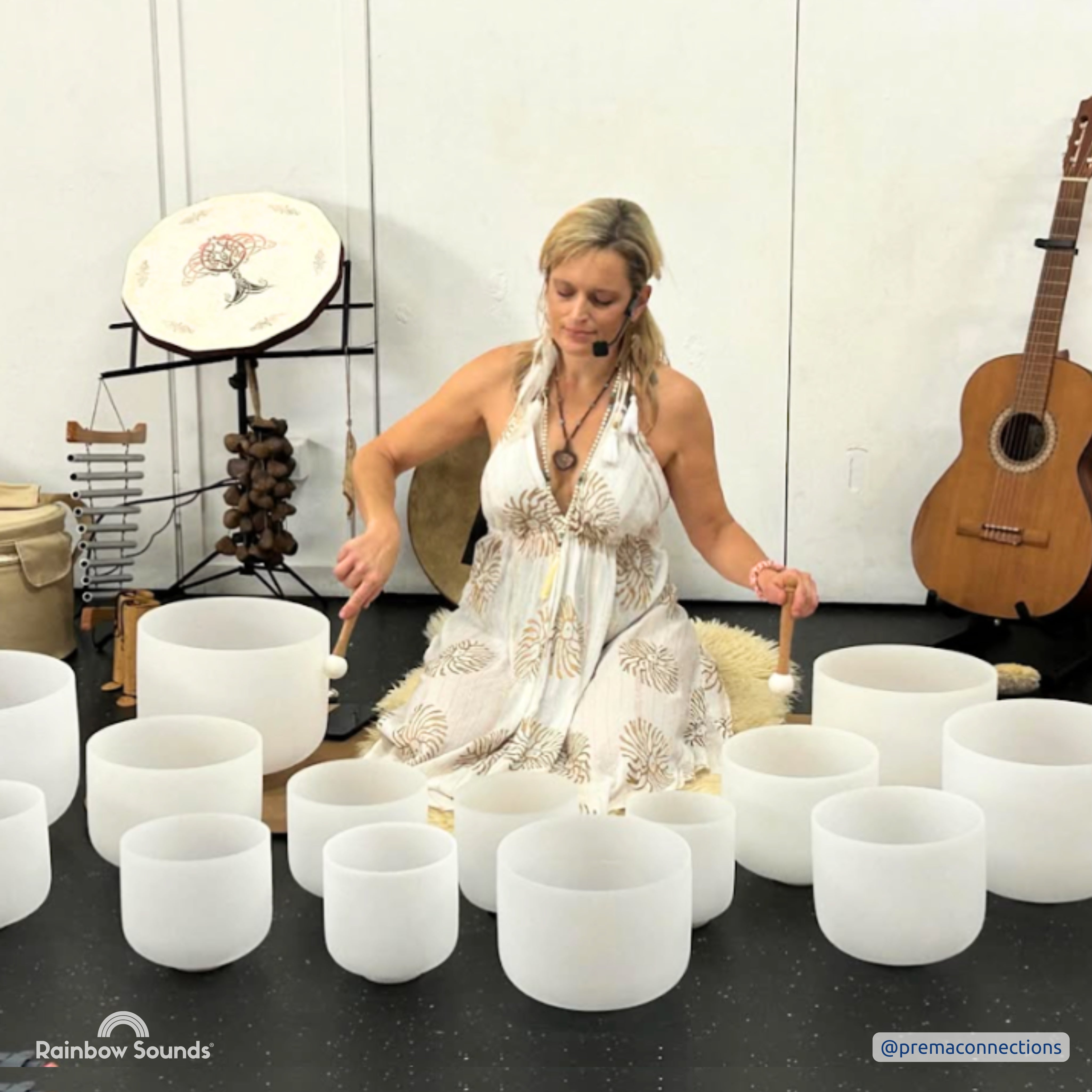 Set of 9 White Crystal Singing Bowls in Beige Bags