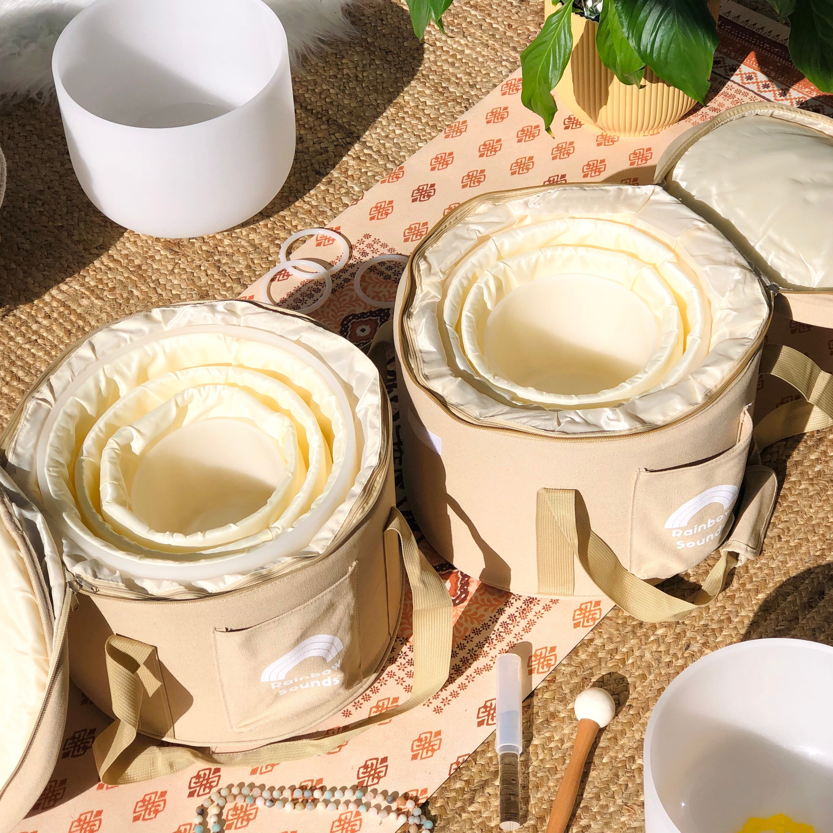 Set of 4 White Crystal Singing Bowls in Beige Bag