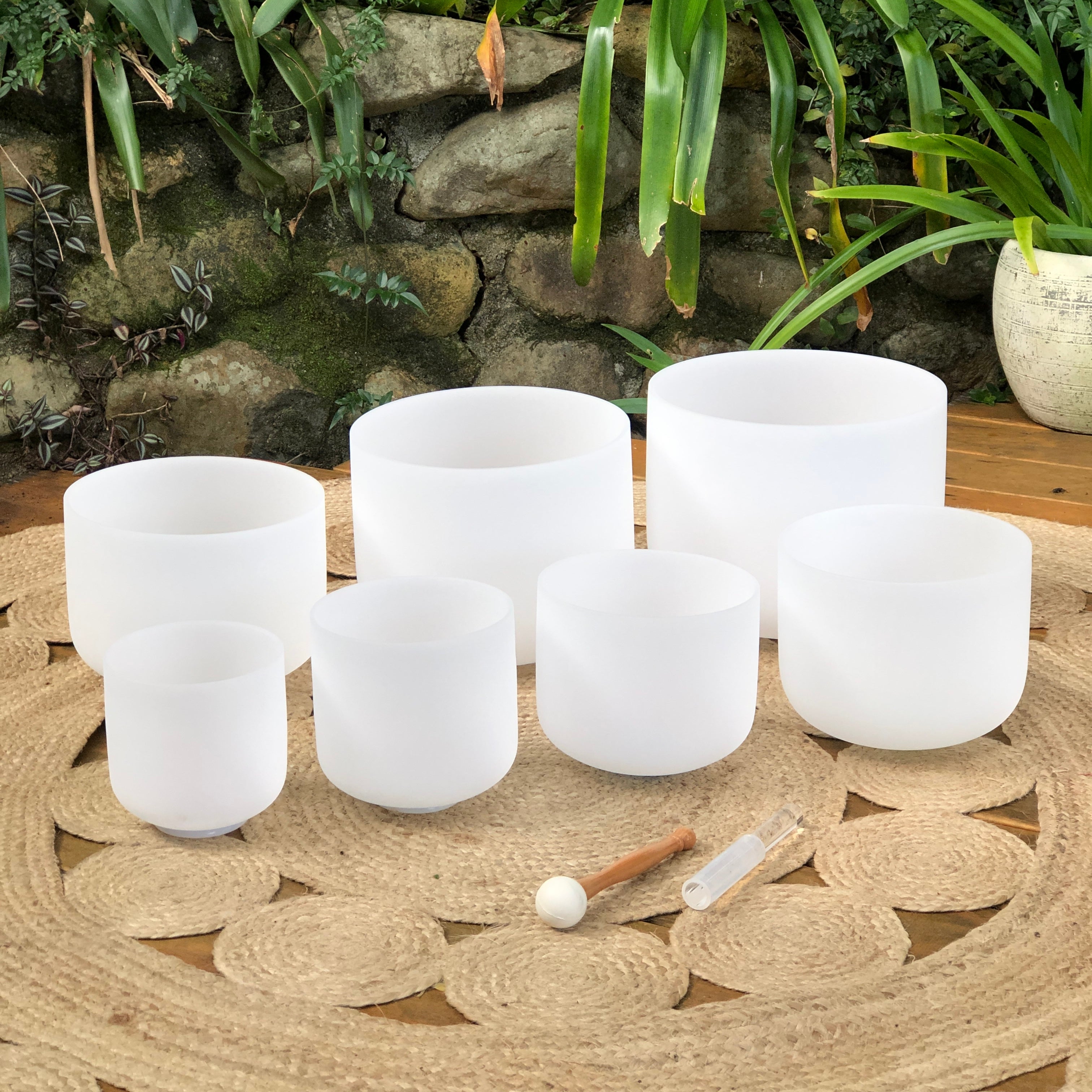 Set of 7 white crystal sound bowls