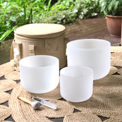 Set of 3 White Crystal Sound Bowls Set with Beige Bag