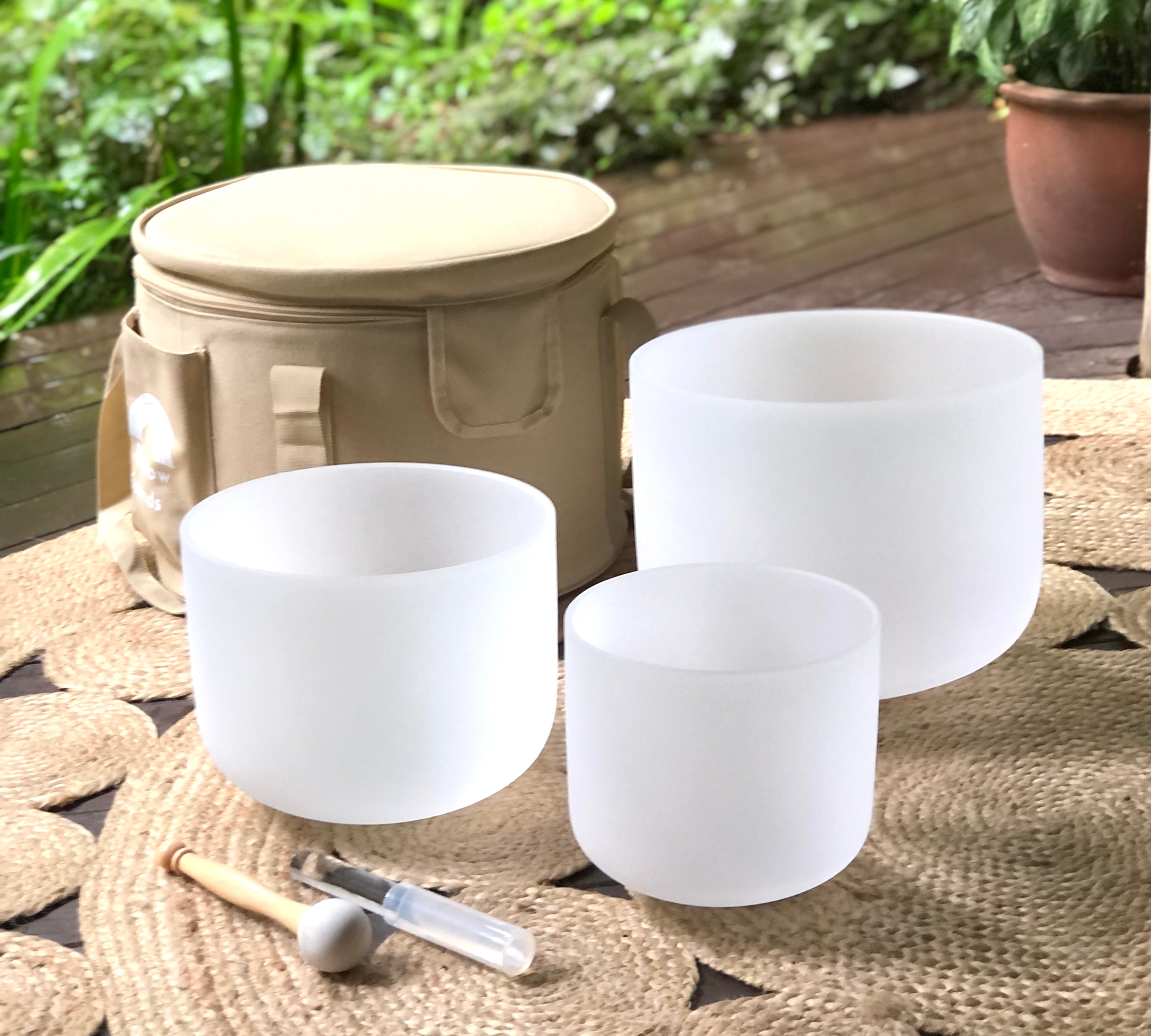 Set of 3 White Crystal Sound Bowls Set with Beige Bag