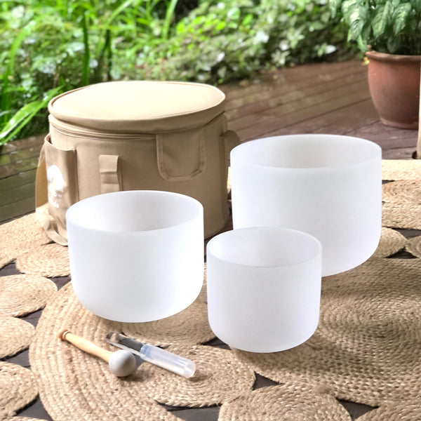 Load image into Gallery viewer, Set of 3 White Crystal Sound Bowls Set with Beige Bag
