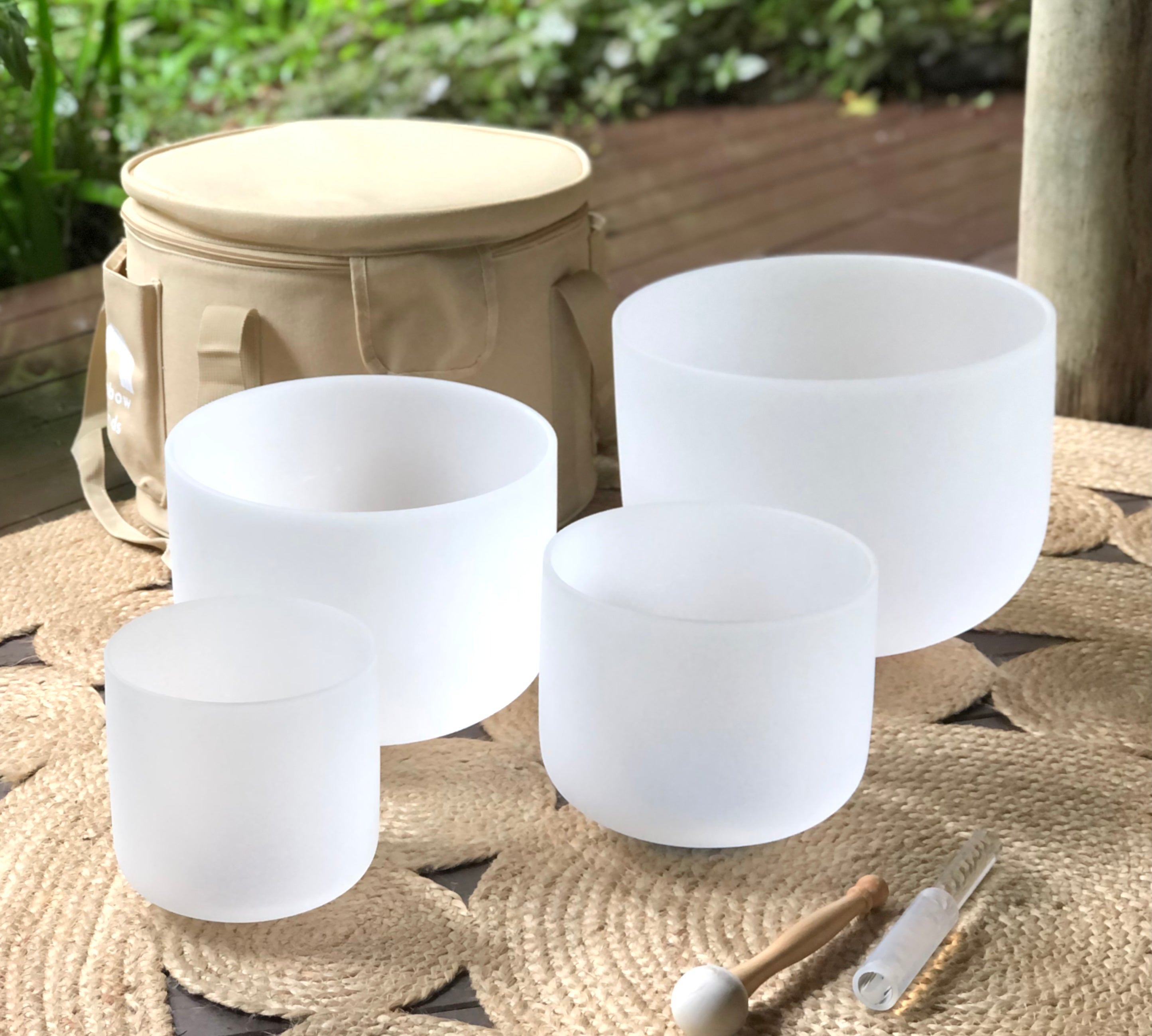 White Crystal Singing Bowls Set of 4 with Beige Bag